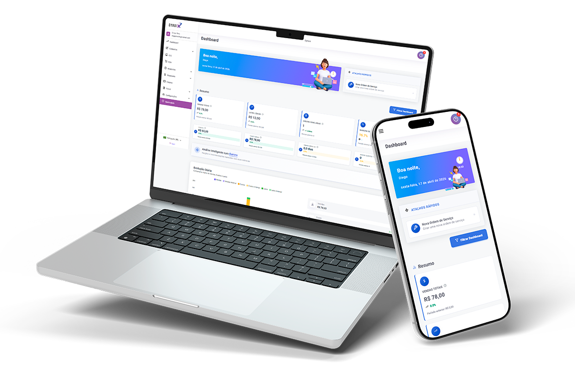 Sistema Aura Pro em notebook e celular